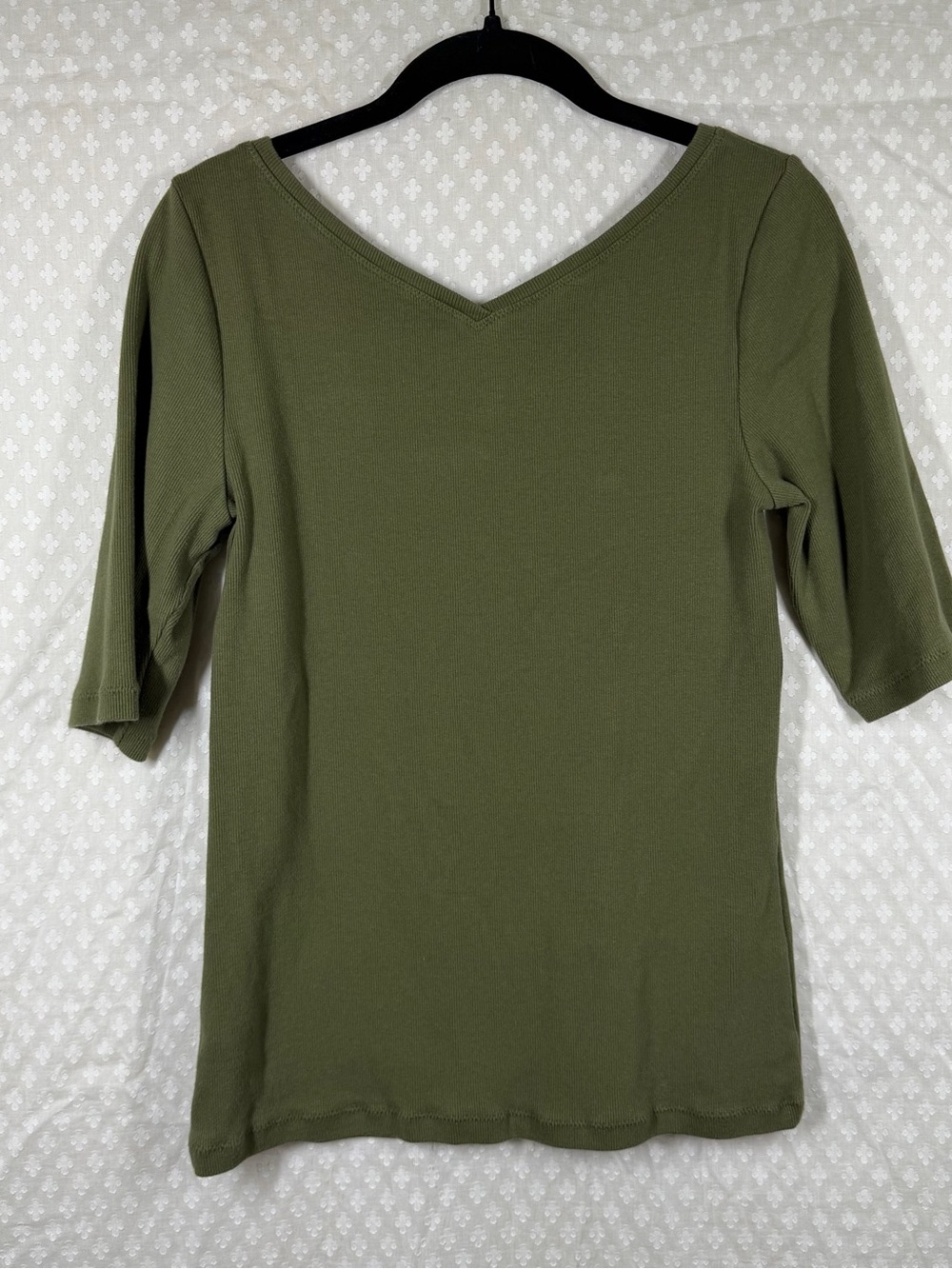 Anthropologie Women‎ Top Sz L Green V-Neck Ribbed Short Sleeve Classic Staple - Picture 5 of 5